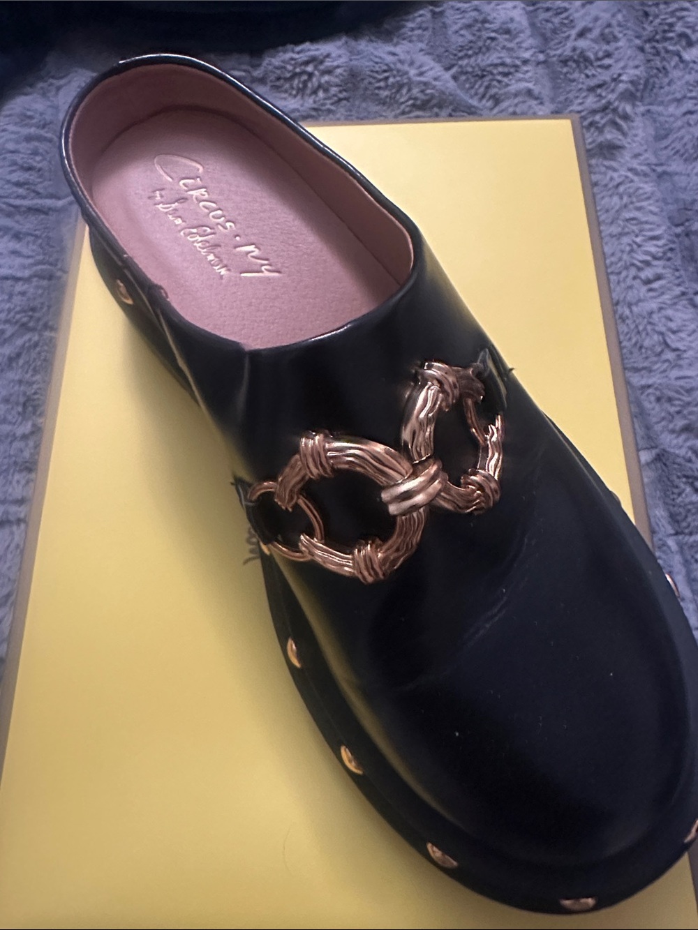 Circus NY by Sam Edelman Black Leather Slip-On Mule with Gold Chain Accent
